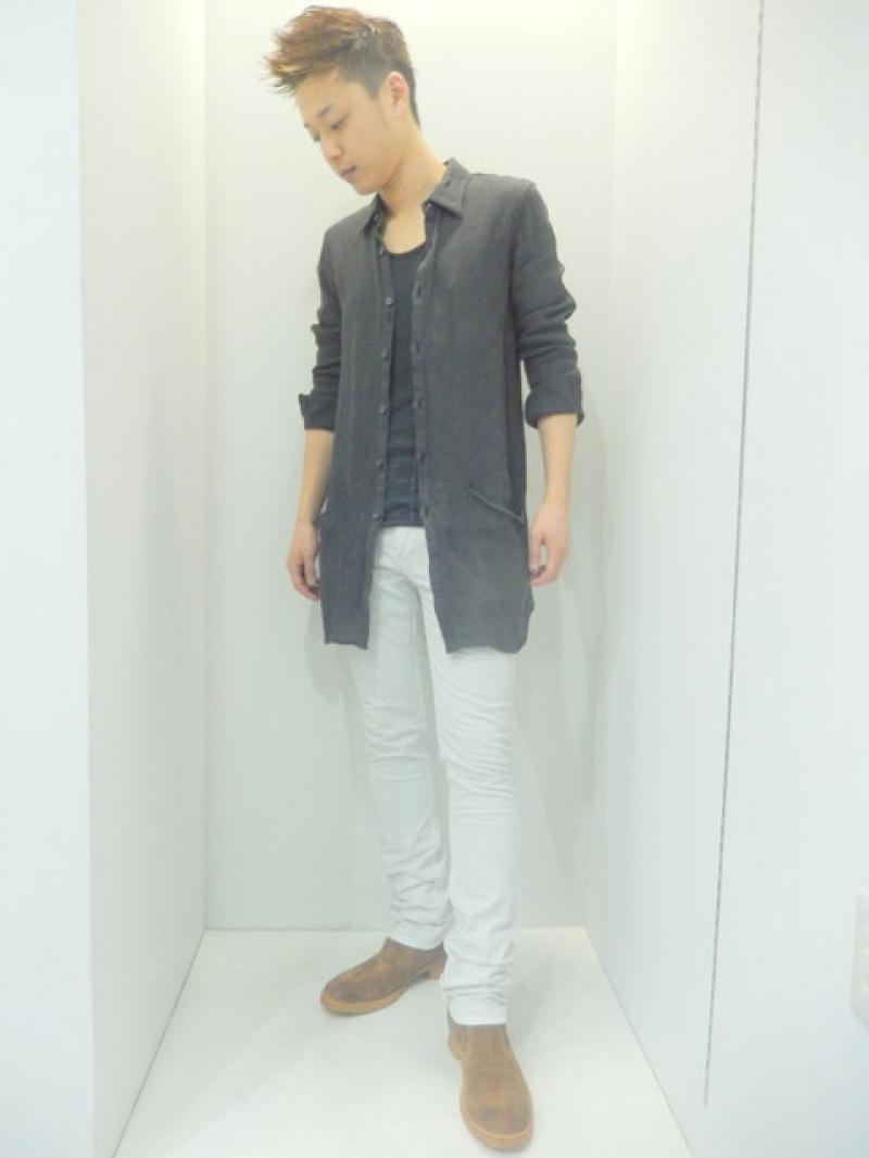 OURET:LINEN COTTON MESH REGULAR COLLAR LONG SHIRT[OR151-0351]  /GRAY