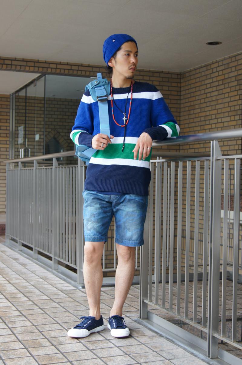 SOPHNET. - BOLD BORDER RIB CREW NECK KNIT BLUE LOOK!!