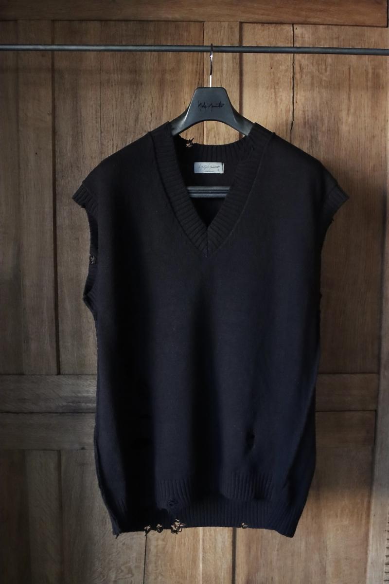 yohji yamamoto 襦ޥ24SS 7G1P HOLE DESIGN DAMAGED V-NECK VEST(HS-K15-094-2)BLACK113()ȯ! 